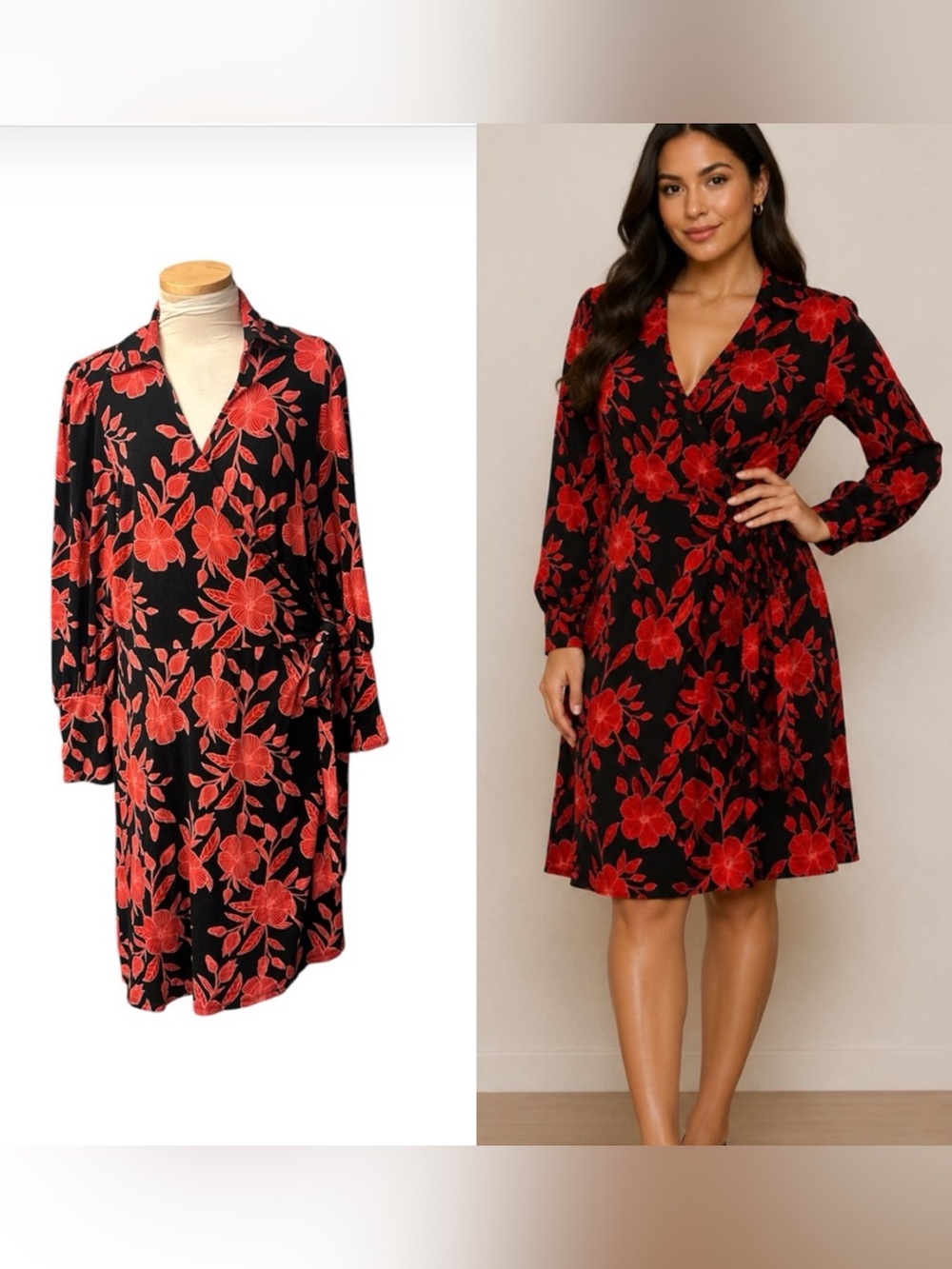 11 Honoré Floral Print Faux Wrap Dress Black with Red Florals  Plus Size 2XL